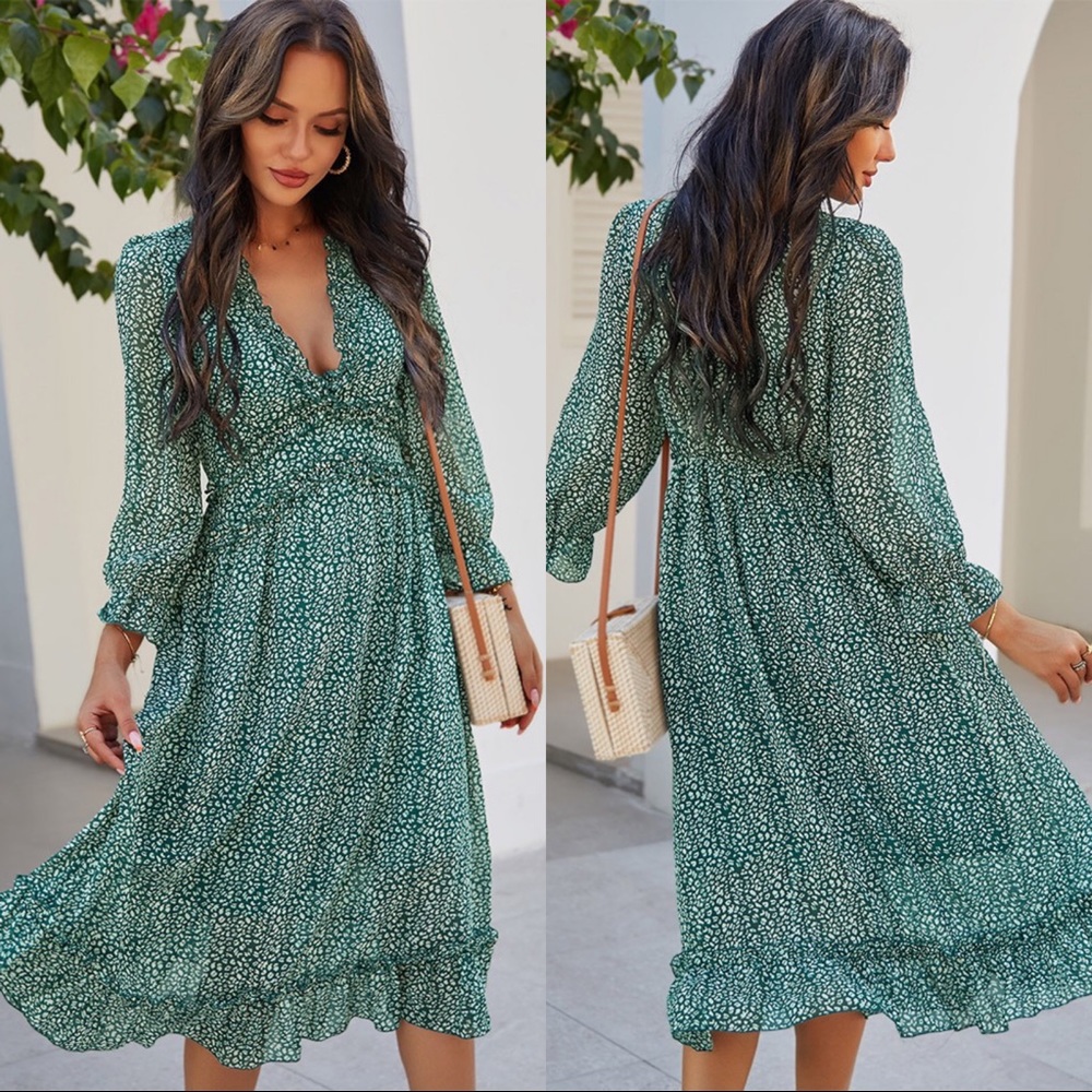 🆕Boho Floral Print Wavy Detailed Dress Forest